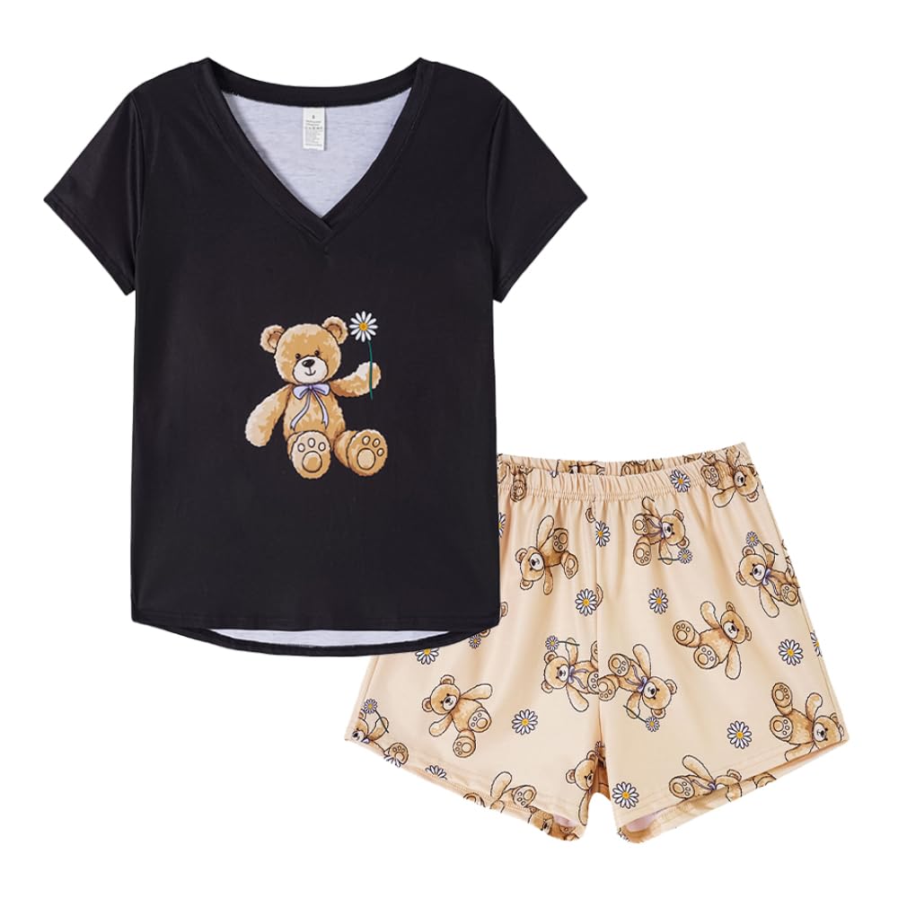 VENTELAN Pajama Set For Women Cute PJS Summer Short Sleeve Shorts Sleepwear