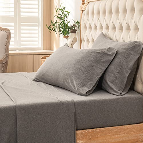PURE ERA Jersey Knit 4pc Bed Sheet Set 100% T-Shirt Cotton Super Soft Comfy Breathable Fits Mattress Up to 15" Extra Deep Pocket (Heather Dark Grey, Twin)