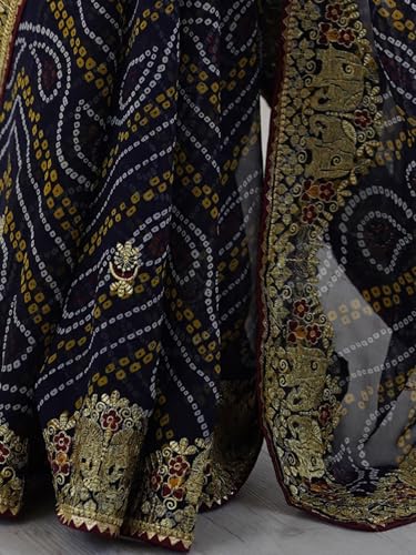 Image of Satrani Women's Georgette Bandhani Printed Embroidered gota lace Saree with Unstitched Blouse Piece