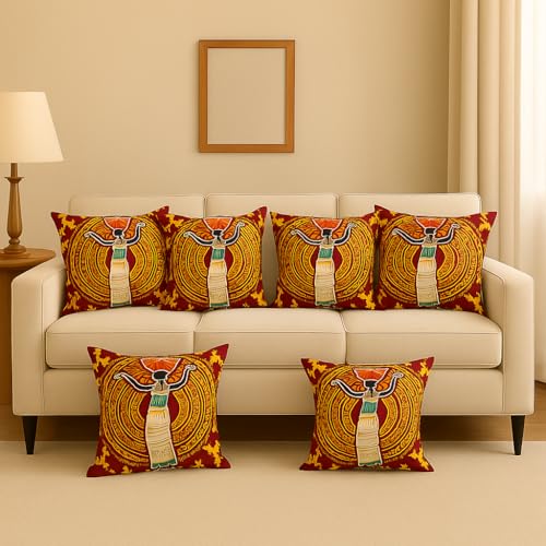 Image of Jute Cushion Cover 20x20 Inch - Set of 6 Decorative Throw Pillow Covers for Sofa, Couch or Bed - Designer Printed Square Cushion Covers - Home Decor (Maroon)