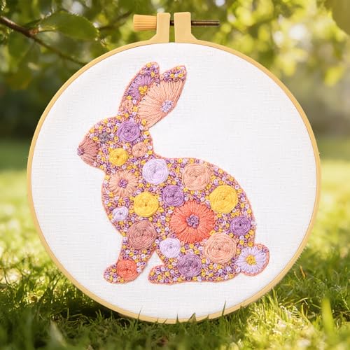 Image of Easter Embroidery Kits for Beginners Adults, Flowers Bunny Embroidery Kits, Hand Stamped Cross Stitch Kits for Beginners Adults & Women Easter Gifts, Entire Set of Embroidery Supplies & Video Tutorial