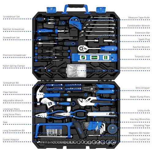Image of DEKOPRO Tool Set: 228 Piece Home Tool Kit, Household Basic Repair Tool Set Comes with Storage ToolBox, Socket Wrench Set for Car, Hand Tool Box Set for Home - Blue