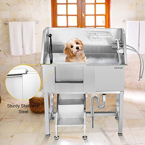 VEVOR 34" Pet Grooming Tub Stainless Steel Dog Wash Station Pet Washing Station and Dog Bath Tub Water-Resistant Grooming Tub for Dogs with Removable Door & Ladder on The Left - Image 4