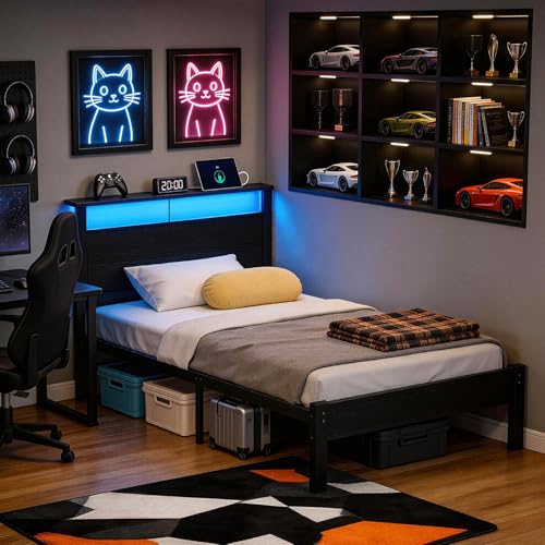 Image of Black Twin Bed Frame with LED Lights and USB Charging Station, Modern Metal Platform Bed with Storage Headboard and Under-Bed Space, Noise Free, Sturdy Frame, No Box Spring Needed, Easy Assembly