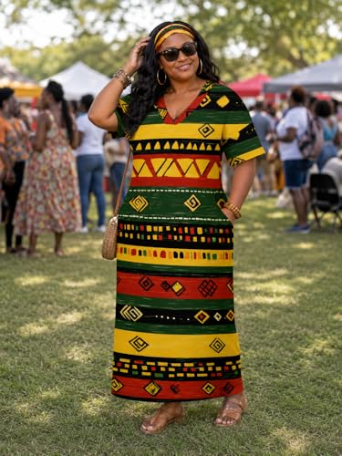 Image of Plus Size Maxi Dress for Women Short Sleeve V Neck Casual Loose Sundress with Pockets