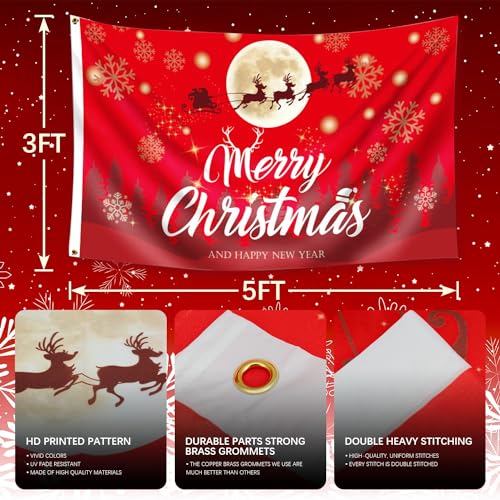 Merry Christmas Flag 5Ft x 3Ft with Eyelets 100% Polyester Vivid Red Color Christmas Flags for Party Camping Garden Outdoor Decorations - Image 2