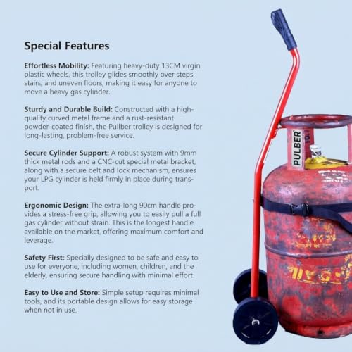 Image of Heavy-Duty Gas Cylinder Trolley with 90cm Long Handle | Step-Climbing Design & 13cm Large Wheels | Metal Bracket with Safety Belt Lock | Trolley Suitable for Home cylinders only.