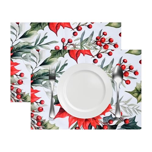 Image of Dining Table Mats Set of 2 - Red Flower Chritmas Magic Theme,Digital Print, Washable, Indoor /Outdoor, Heat-Proof, Wipe & Clean (47X33 cm) Red & Green