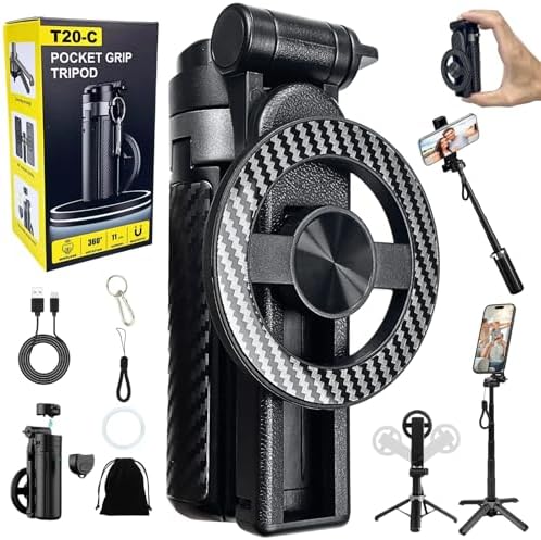 4-in-1 Magnetic Selfie Stick Tripod – 360° Rotation, Bluetooth Remote, Compact Travel Vlog Phone Holder for iPhone