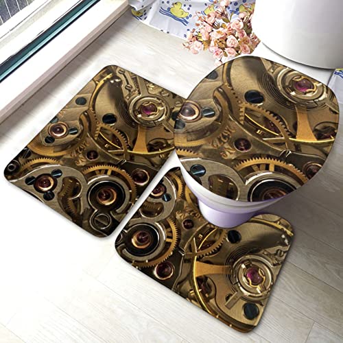 SHEYZYLTD Badematte + Konturmatte + Toilettendeckelbezug Cool Steampunk Gears 3 Stück Badematten Set, mit rutschfester Klebeunterseite
