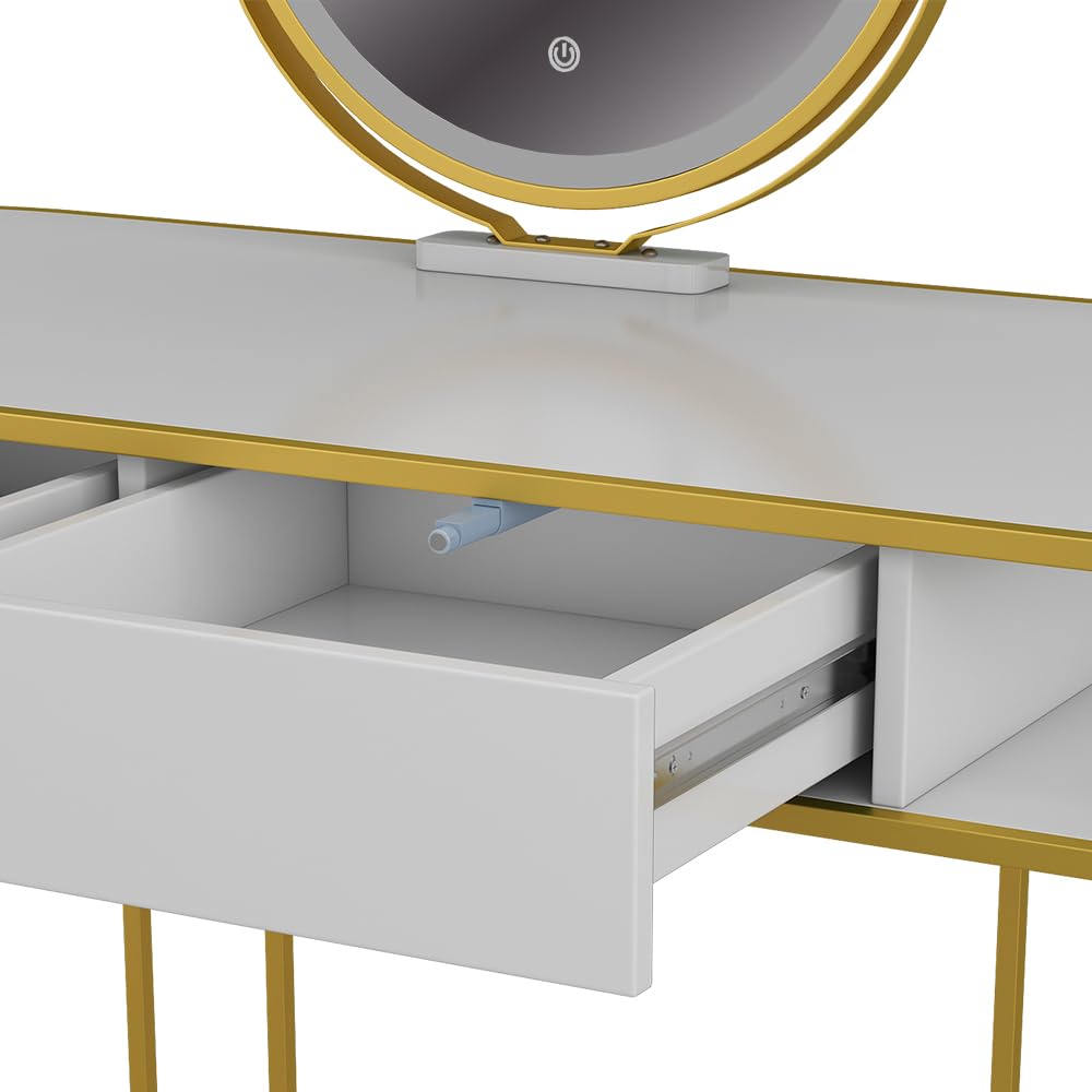 Vicco Tavolo da toilette Tiara, Bianco/Oro, 110 cm, con illuminazione LED e specchio regolabile in altezza