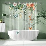 Clear Colorful Floral Butterfly Shower Curtain Liner, Plastic Pretty Pink and Orange Flower Green Eucalyptus Leaf Shower Curtains for Bathroom, 72x72 Weighted Magnetic Shower Curtain Set with 12 hooks