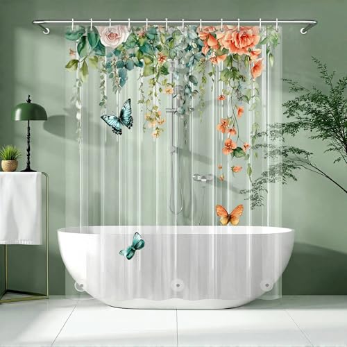 Clear Colorful Floral Butterfly Shower Curtain Liner Plastic Pretty Pink and Orange Flower Green Eucalyptus Leaf Shower Curtains for Bathroom 72x72 Weighted Magnetic Shower Curtain Set with 12 hooks