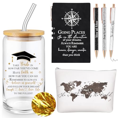Domensi 6 Pcs Class of 2025 Graduation Gift for Her 16oz Glass Cup Makeup Bag Compass Journal Ballpoint Pens Inspirational Graduation Gift Set for College High School Daughter Sister Friend(Black)