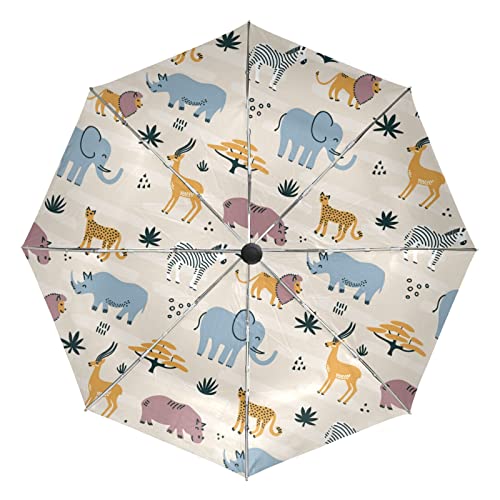 Parapluie protection UV et coupe-vent automatique avec motif lion et éléphant