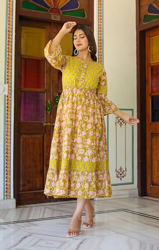 Image of Yash Gallery Women's Cotton Floral Printed Anarkali Maxi Dress
