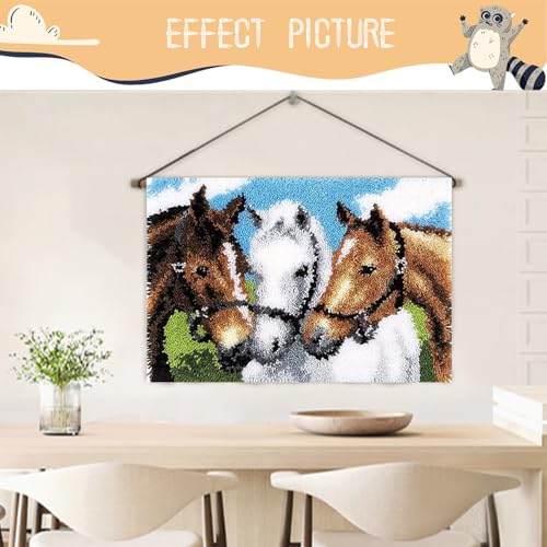 Image of EMISTEM Latch Hook Kits for Adults - DIY Latch Hook Rug Kits, Crochet Kit for Beginners, Rug Making Kits with Printed Canvas, Gift Packaging. (Three Horses,15x21)