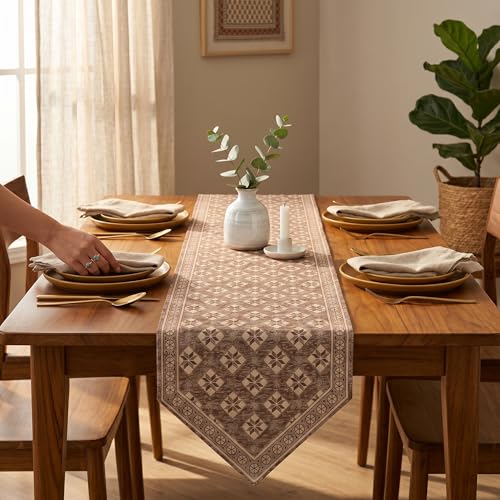 Image of Premium Dining Table Runner | Washable Farmhouse Style Heat Resistant Table Cover for 4 & 6 Seater | Elegant Home & Coffee Table Decor | Soft Viscose Rayon & Cotton | 13x72 Inch | Brown