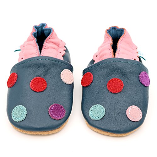 Dotty Fish Zapatos de Cuero Suave para bebés. Antideslizante. Lunares de Color Azul Marino. 0-6 Meses (17 EU)