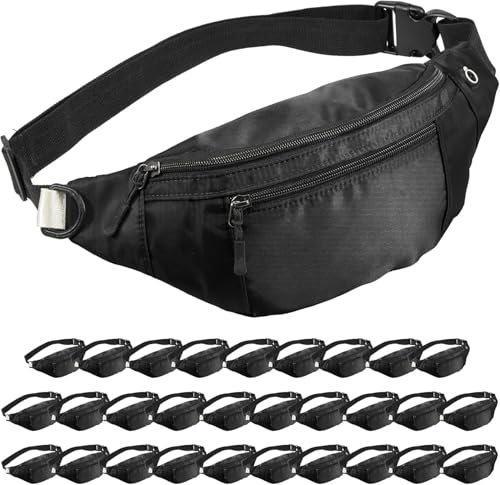 30PCS Crossbody Fanny Pack Bulk Large Capacity Waist Bag with 4-Zipper Pockets Adjustable Strap Fanny Packs Waterproof Oxford Cloth Travel Belt Bag for Outdoor Shopping Travel Men Women Black