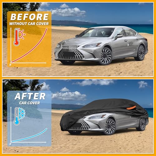 Image of Waterproof All-Weather Universal Car Cover with Right Side Zipper, 210T-PU Black Fits for Sedan 165 inch to 177 inch Length