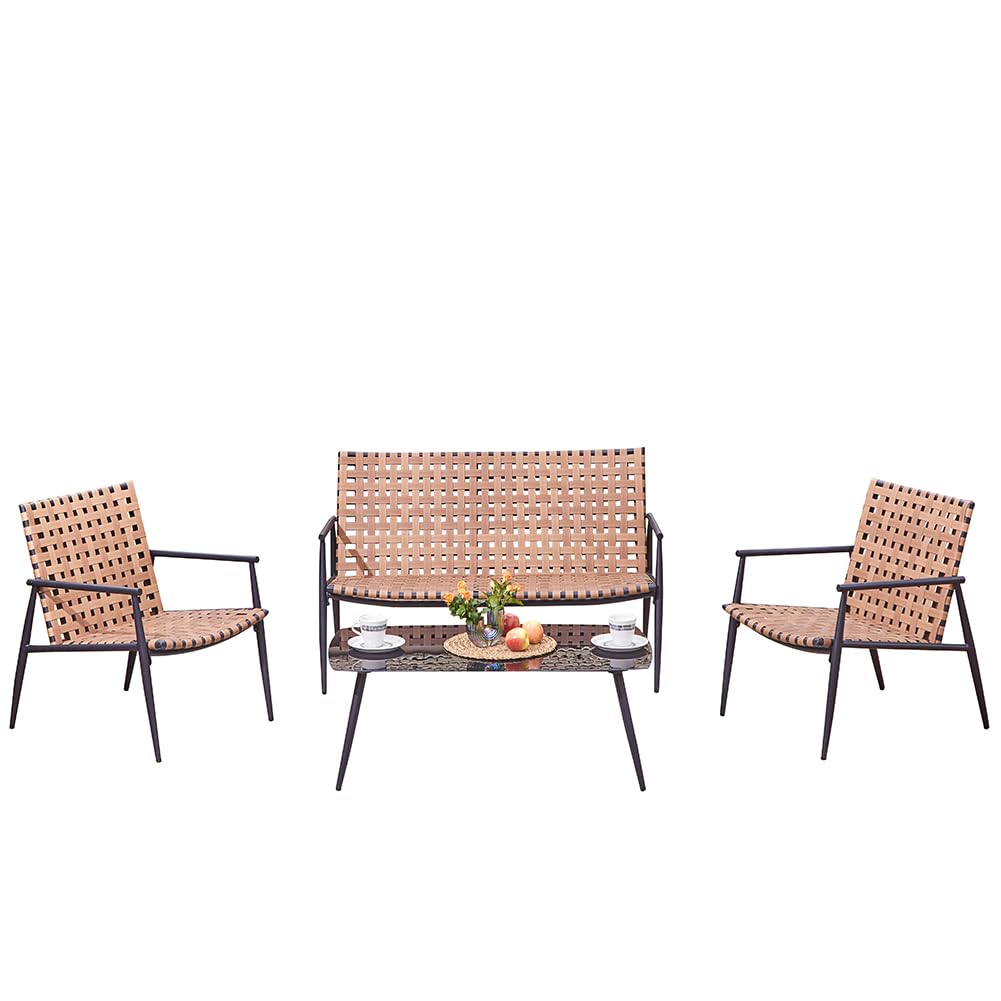 Shally Dogan Set Patio 4 Pezzi da Giardino con Seduta Design Intrecciato in Polyrattan e Tavolo con Piano Vetro, Salotto da Esterno, Salottino per Bar, Ristorante, Patio, Bistrot, Terrazzo (4 Posti)