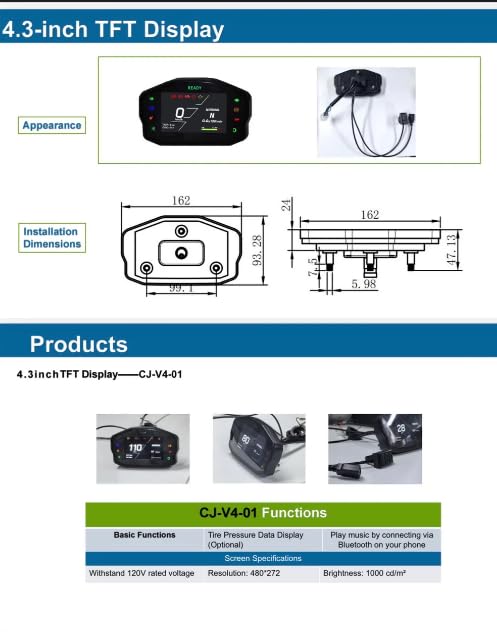 Choajie Speedometer MPH/KM TFT Fardriver Display for Electric Motorcycles with 22mm Handlebar Mount and Wiring Harness (CJ-4.3)