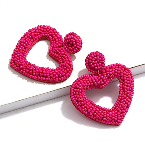 Xocartige Valentine’s Day Heart Earrings For Women Handmade Red Bead Heart Drop Earrings Boho Sead Bead Hoop Dangle Earrings Studs Birthday Valentine's Day Gift For Girls (Rose Red) #TOP5