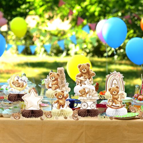 Image of 8Pcs Bear Baby Shower Gender Reveal Decorations Honeycomb Centerpieces, Confetti Baby Shower Table Decorations Birthday Party Table Centerpieces Toppers Party Decor (Brown)