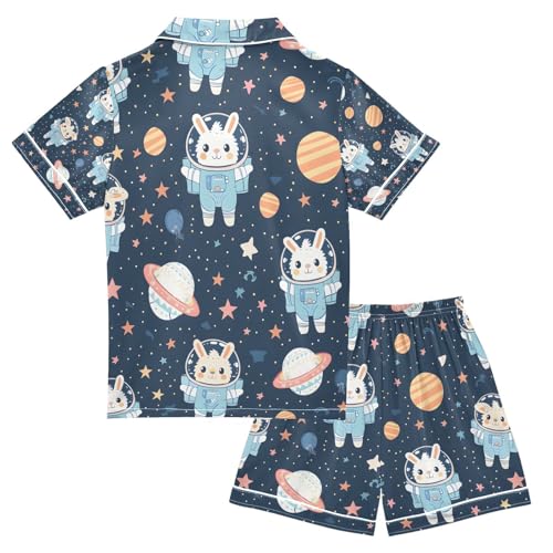senya Astronaut Rabbit Satin Summer Pajama Sets Silk Short Sleeve Button Down Sleepwear2