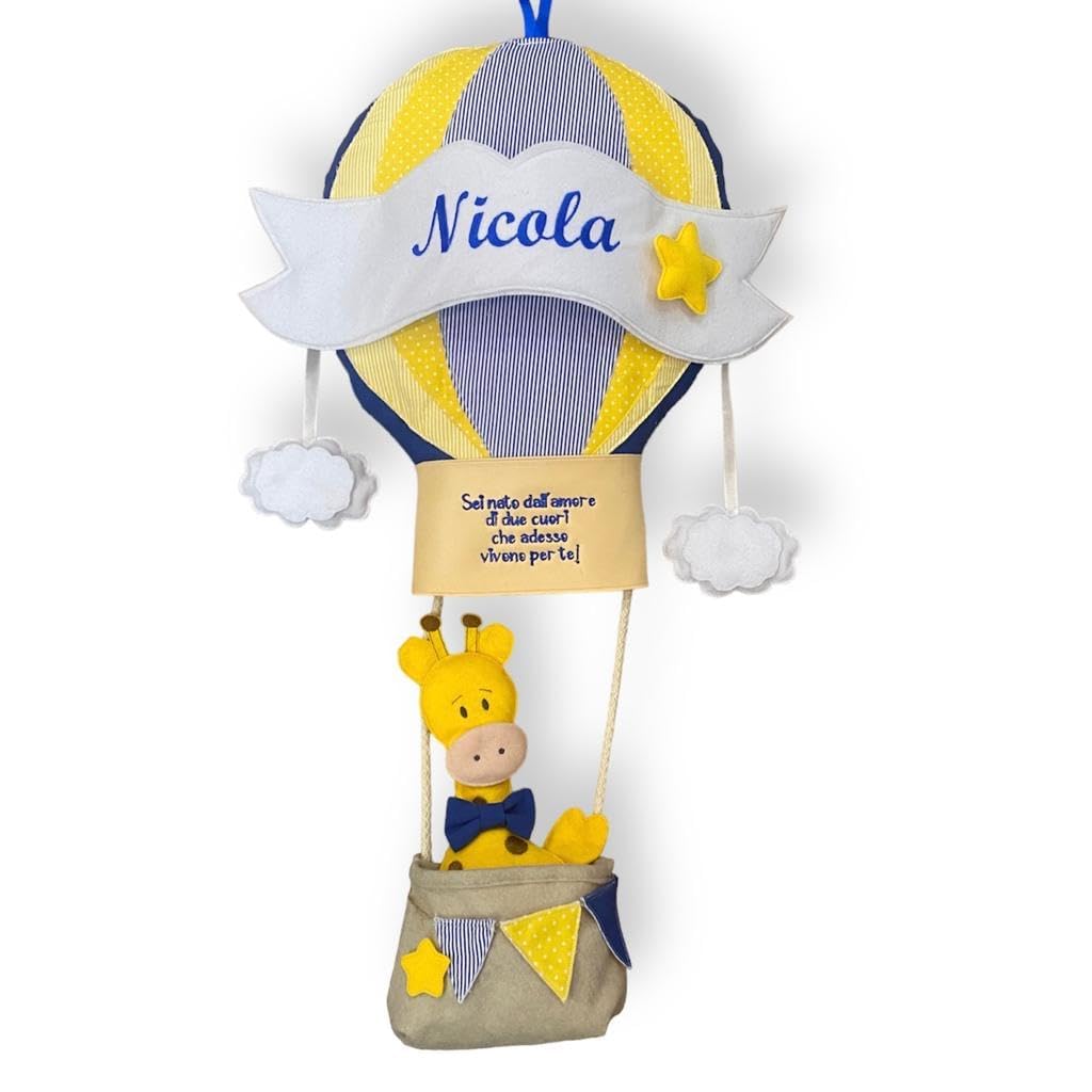 Pri Frog Fiocco Nascita Mongolfiera Giraffina - Coccarda nascita - bimba - bimbo - Nome Personalizzato - Dimensione circa 65 cm di altezza - Handmade - Made in Italy