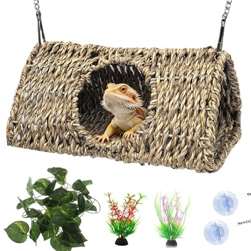 Reptile Hide Cave,Hollow Gecko Hide,Hanging Seagrass Fiber Bearded Dragon Hammock Swing Lizard Cage Climbing Toys with Suction Cups&Chains,Reptile Tank Decor (Triangle S:7.87 * 3.94 * 3.94")
