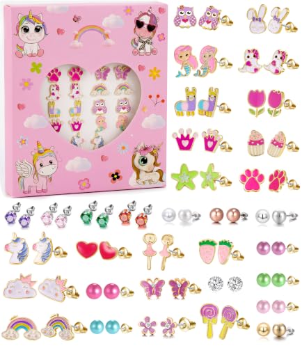 Image of TAMHOO 33 Pairs Hypoallergenic Stud Earrings for Girls, Cute Mixed Styles | Mixed cute designs with stainless steel posts, push backs, CZ, faux pearl, resin and crystal accents; gift box included