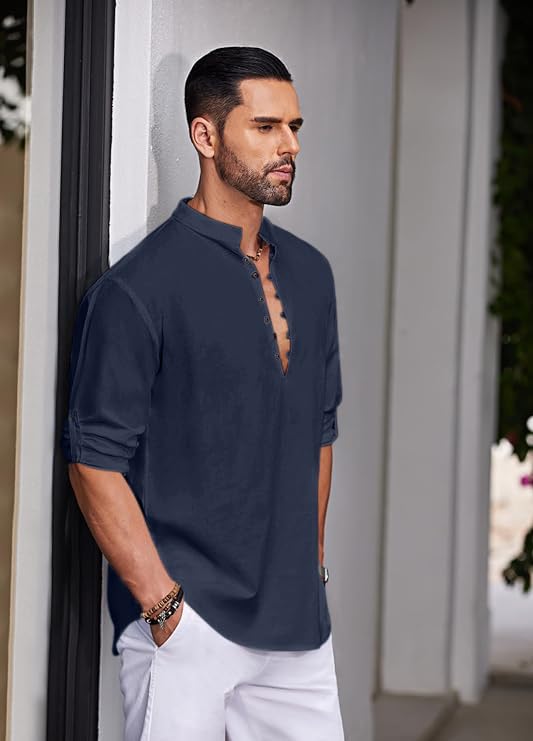 Image of FINIVO FASHION Men's Straight Fit Cotton Blend Kurta with Foldable Sleeves & Formal Collar - Solid Color, Pack of One