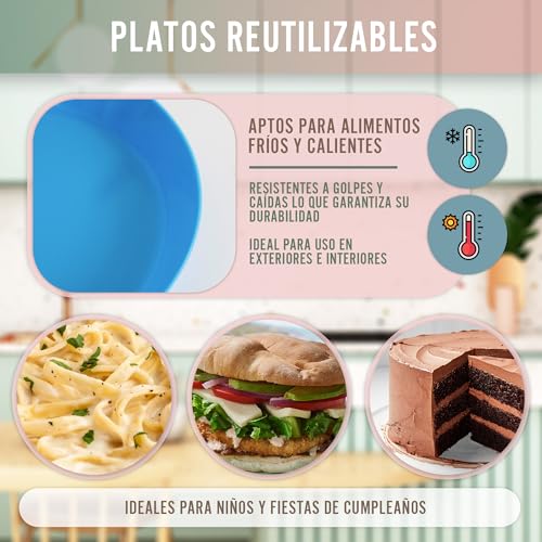 Mypicompany Camping geschirr Set für 6 Personen: 6 Plastikteller Mehrweg+6 Becher Plastik, Spülmaschinen- und Mikrowellenfest, in leuchtenden Farben - Ideal für Garten und Schwimmbad