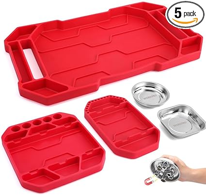 WORKPRO 5-Piece Non-Slip Tool Tray Set, 3-Piece Silicone Flexible Tools Organizers and 2-Piece Magnetic Parts Tool Tray, Tool Mat, Tool Holder, Tool Storage (Only Parts Tray Magnetic)