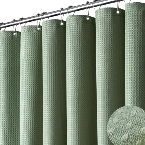 Dynamene Sage Green Shower Curtain – Waffle Textured Heavy Duty Thick Fabric Shower Curtains for Bathroom, 256GSM Luxury Weighted Polyester Cloth Bath Curtain Set with 12 Plastic Hooks，72Wx72H,Green