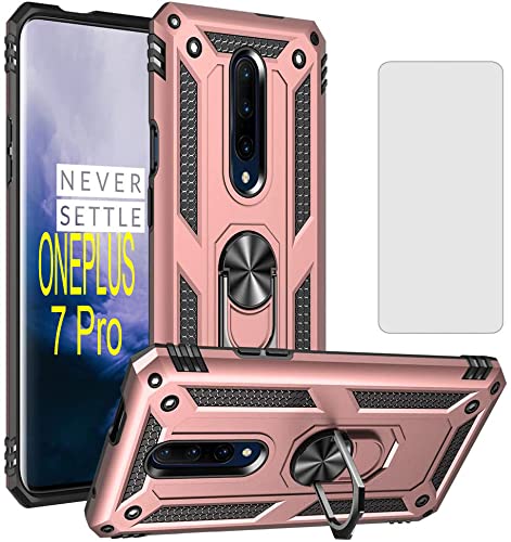 Asuwish Phone Case for Oneplus 7 Pro Cases with Oneplus7pro Tempered Glass Screen Protector Ring Holder Stand 1 One Plus 7Pro Shockproof Back Cover Pink