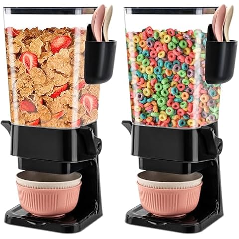 Osacoe Cereal Dispenser Countertop Black 2 Pack with Bowls Spoons Cutlery Box,5.5 QT Dry Food Dispenser Snack Organizer Containers Storage for Pantry Kitchen Organization Oatmeal Nut Granola Candy Cover