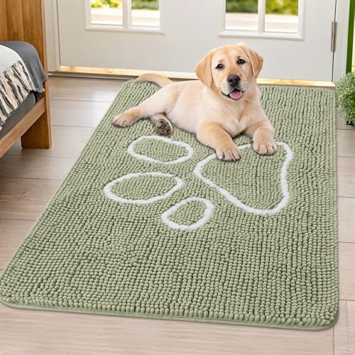 Image of Smiry Dog Door Mat for Muddy Paws, Absorbent Dirt Trapper Non Slip Quick Dry Washable Chenille Mat for Mud Dogs, Entry Rug for Indoor and Outdoor (40x32 Inches, Sage Green and White)