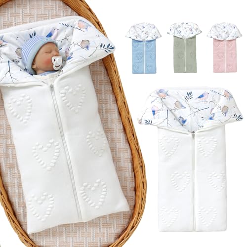 Image of Baby Winter Thick Swaddle Blankets Newborn Heart Dots Receiving Blanket Infant Soft Knit Warm Stroller Wraps for Baby Boys Girls (White)