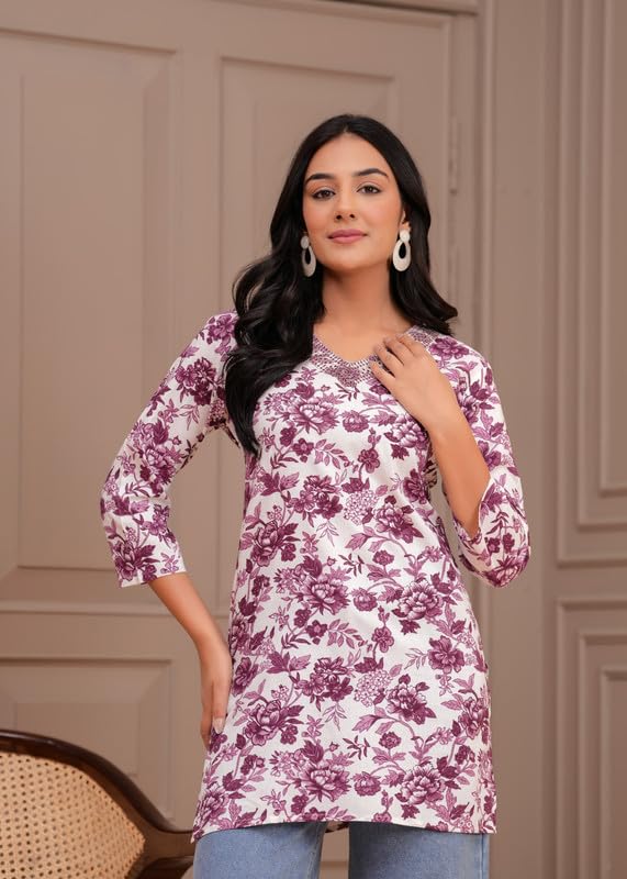 Image of Women's Ethnic Printed Rayon Short Kurta | Stylish Round Neck V-Slit Straight Kurti | Comfortable, Office & Casual Kurta for Jeans, Leggings & Trousers