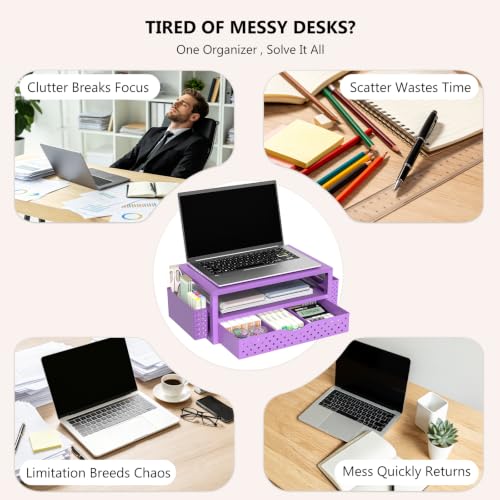 Image of WALI Desk Organizer with Drawer and Pen Holder, 3 Tier Computer Monitor Stand for Home Office Supplies, Laptop Stand Riser for Computer, Laptop, Printer(PTT004-V), 1 Pack, Purple