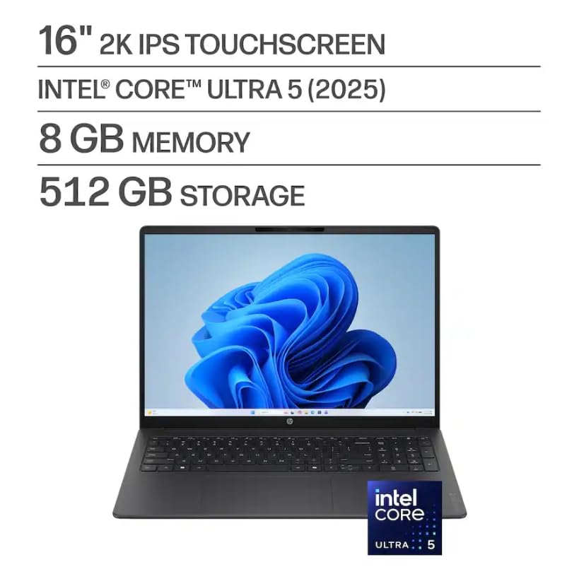 Image of HP OmniBook 3 16 inch 2K Touchscreen Laptop with Intel Core Ultra 5 225U 8GB RAM 512GB SSD Intel Graphics Windows 11 Home FHD Camera Mica Silver 16-BU0305DX