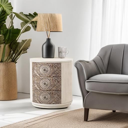 Miniatura 5 de COSIEST Cómoda de 3 cajones, armario de almacenamiento redondo de MDF de 20 pulgadas, mesita de noche retro con acabado blanqueado, mesita de noche