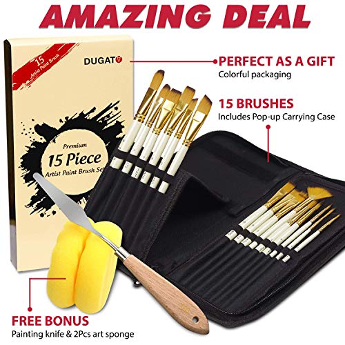 Dugato Artist Paint Brush Set 15Pcs Includes Pop-Up Carrying Case With Painting Knife And 2 Sponges For Acrylic, Oil, Watercolor, Art, Scale Model, Face, Paint By Numbers #TOP1