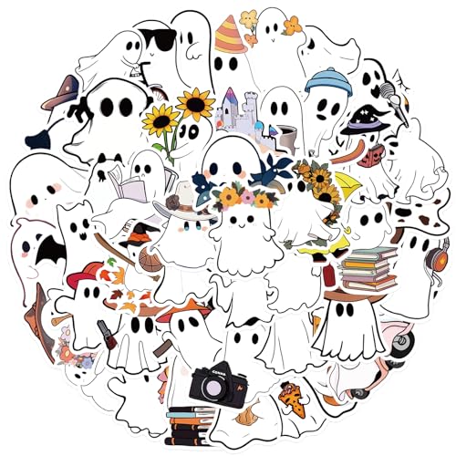50Pcs Halloween Ghost Theme Vinyl Stickers Cute Ghosts Decorative Stickers for Parties Suitable for Children Teens and Adults Ideal for Water Bottles Laptops and Cups (Ghost)