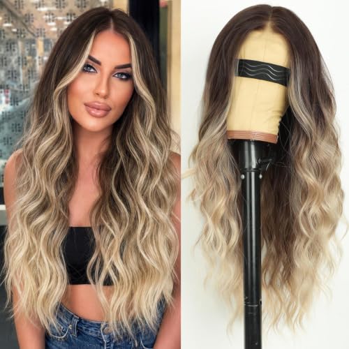 Image of AISI HAIR Dirty Blonde Wig for Women, Long Wavy Synthetic Lace Wig 26Inch