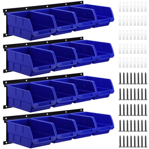 Maitys Wall Mounted Storage Bins Plastic Hanging Stackable Storage Parts Garage Tool Organizer for Screws, Nuts, Bolts, Nails, and Small Hardware Parts, 16x Bins & 4 x Rails(Blue)