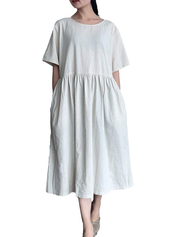 FTCayanz Women's Summer Midi Dress Linen Boho Casual Beach Flowy Sun Dresses with Pockets